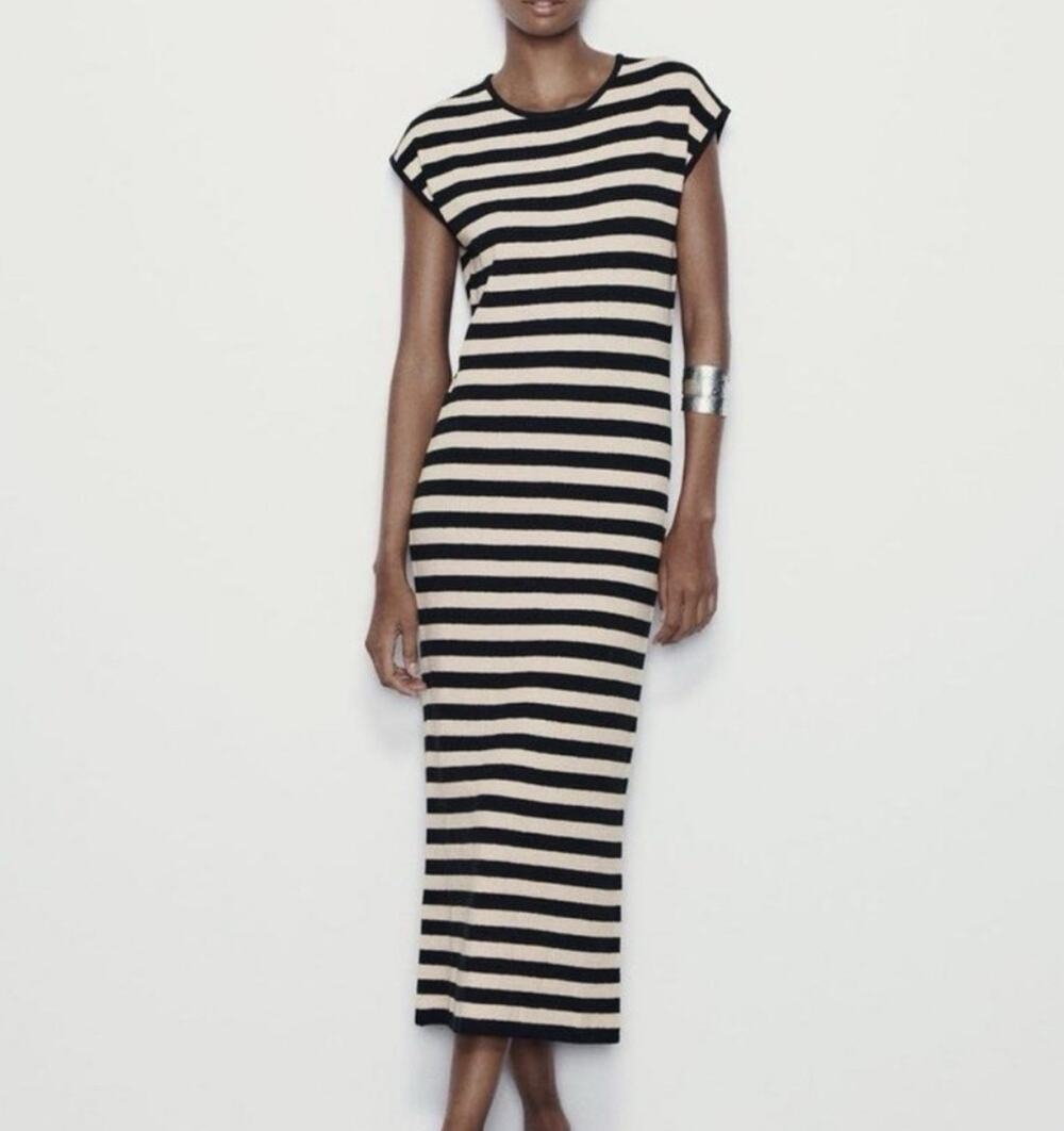 Zara Midi Dress Size L Black Cream Striped Knit Cap Sleeve Pencil Capsule Casual